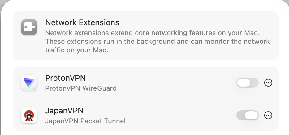 Network Extensions settings showing the JapanVPN Packet Tunnel switch turned on.