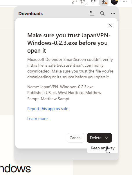 Edge confirmation showing Matthew Sampt in the publisher information and Keep anyway beneath the Delete arrow.