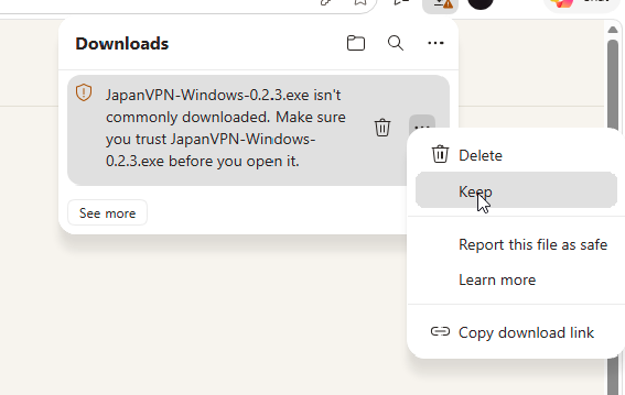 The JapanVPN download menu in Edge with Keep highlighted.
