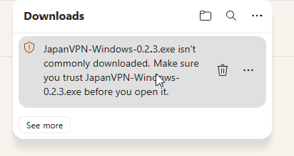 Edge Downloads showing the JapanVPN download warning and the three-dot file menu.