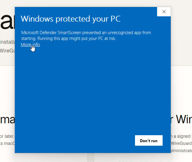 Windows protected your PC prompt with the More info link.