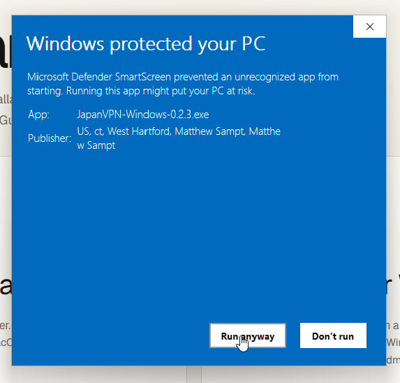 Expanded Windows SmartScreen prompt showing the JapanVPN installer, Matthew Sampt publisher information, and Run anyway.